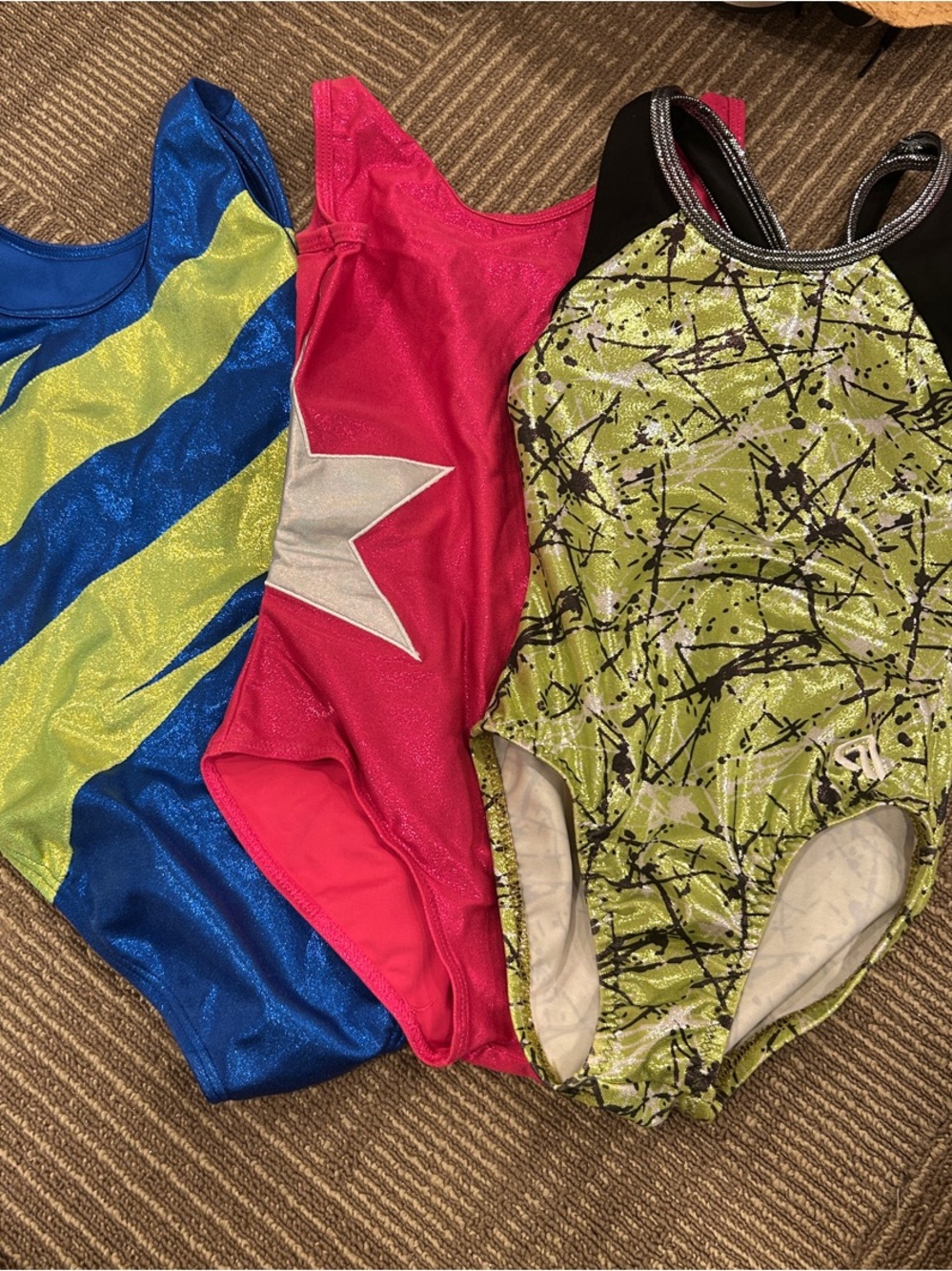 Girls Shiny Athletic Leotard Bundle - Blue, Pink, Lime Green